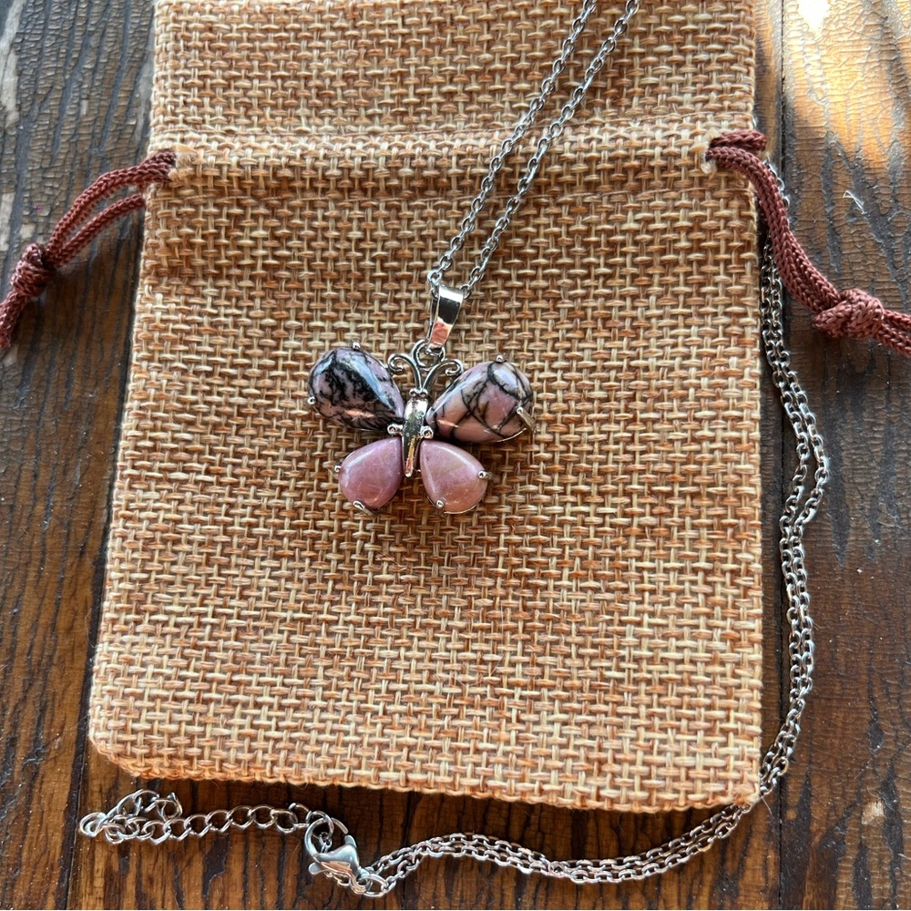 Rhodonite Butterfly Necklace Rhodonite Necklace Crystal Quartz Necklace - Picture 3 of 3